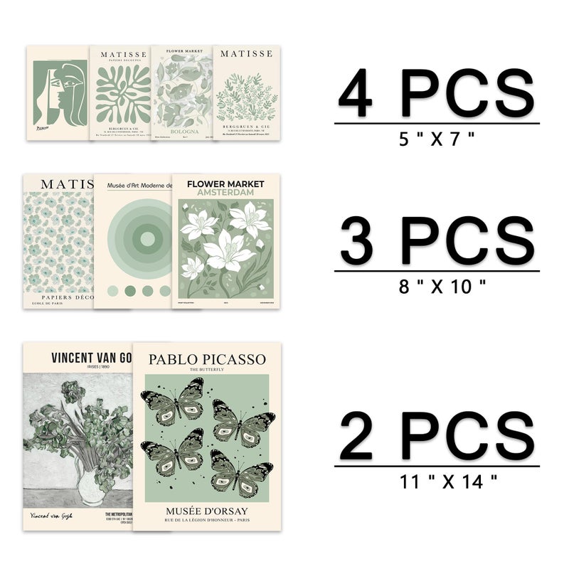 KONGSY Sage Green Wall Art Prints مجموعة من 9، ملصقات معرض ماتيس مجردة، مطبوعات فنية بوهو، ديكور جدار أخضر حكيم، صور جمالية ديكور غرفة النوم للفتيات المراهقات، غرفة النوم - Image 2